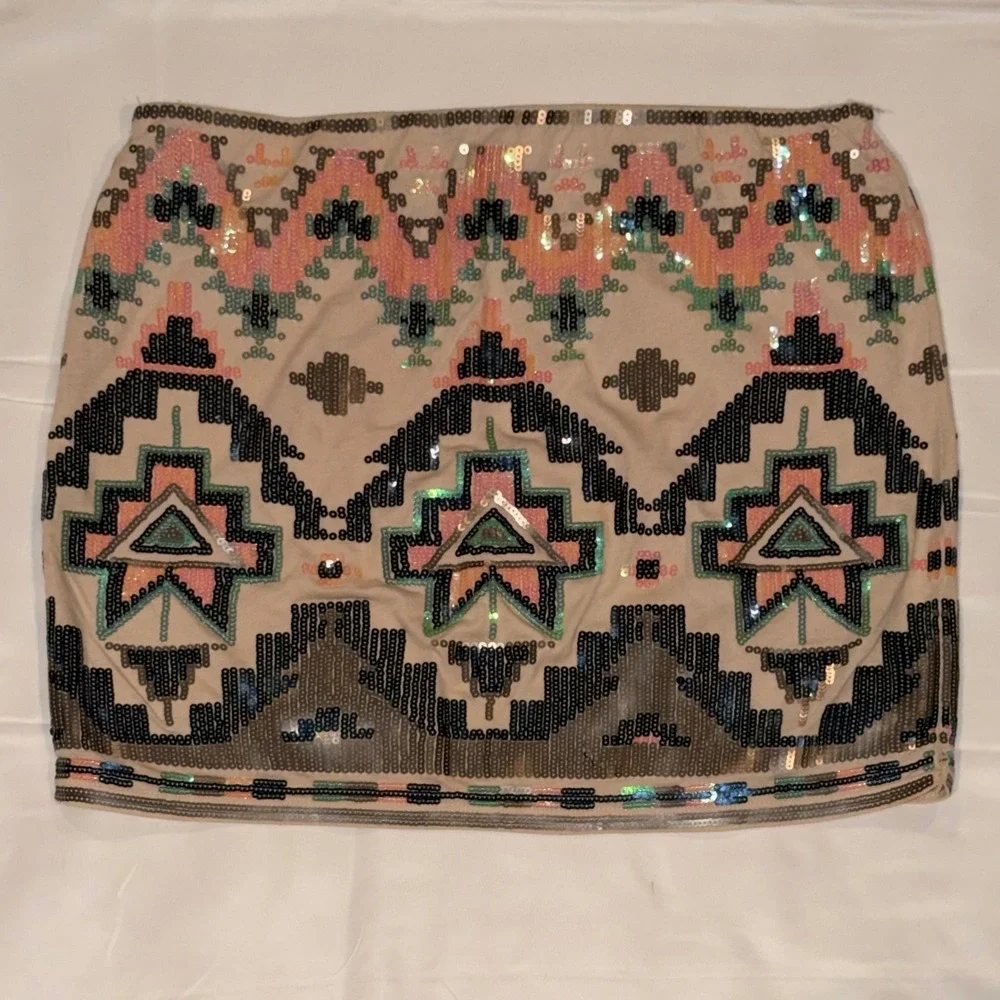 Express Sequin Mini Skirt XS‎ Tan Geometric Boho Southwestern Festival Aztec